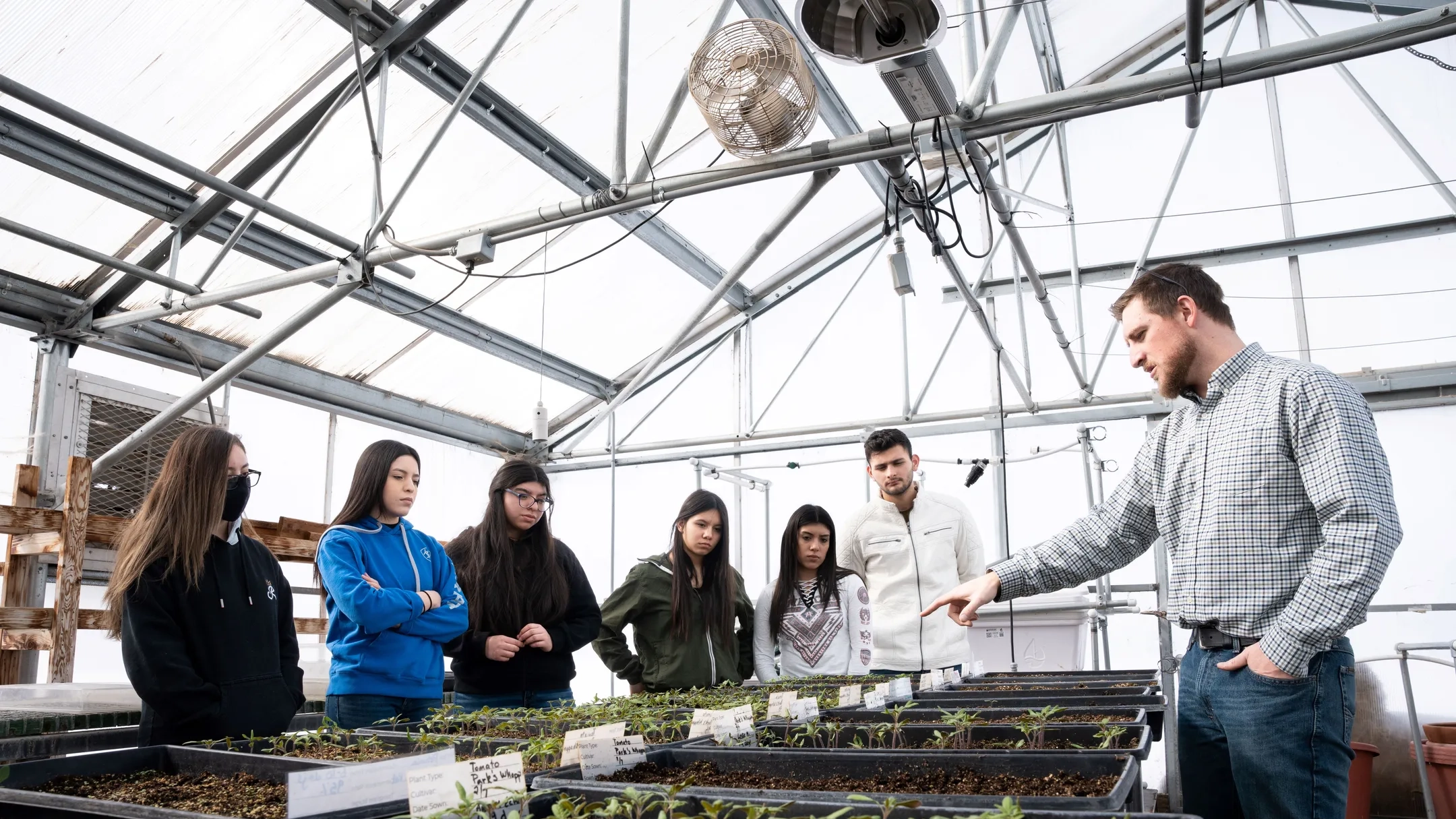 A man showing students plants in the greenhouse