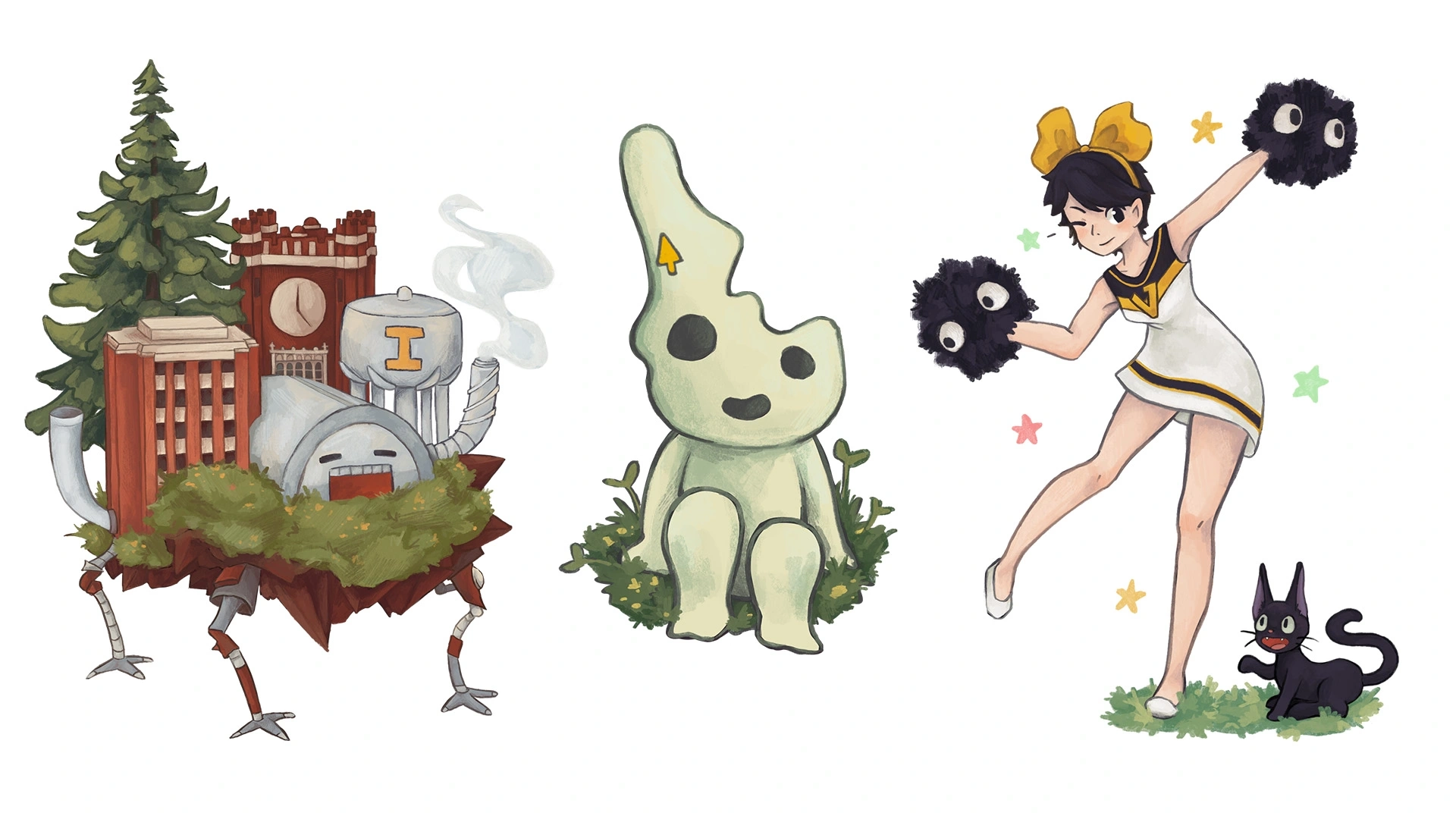 Three Vandal themed cartoon characters in the style of Studio Ghibli.