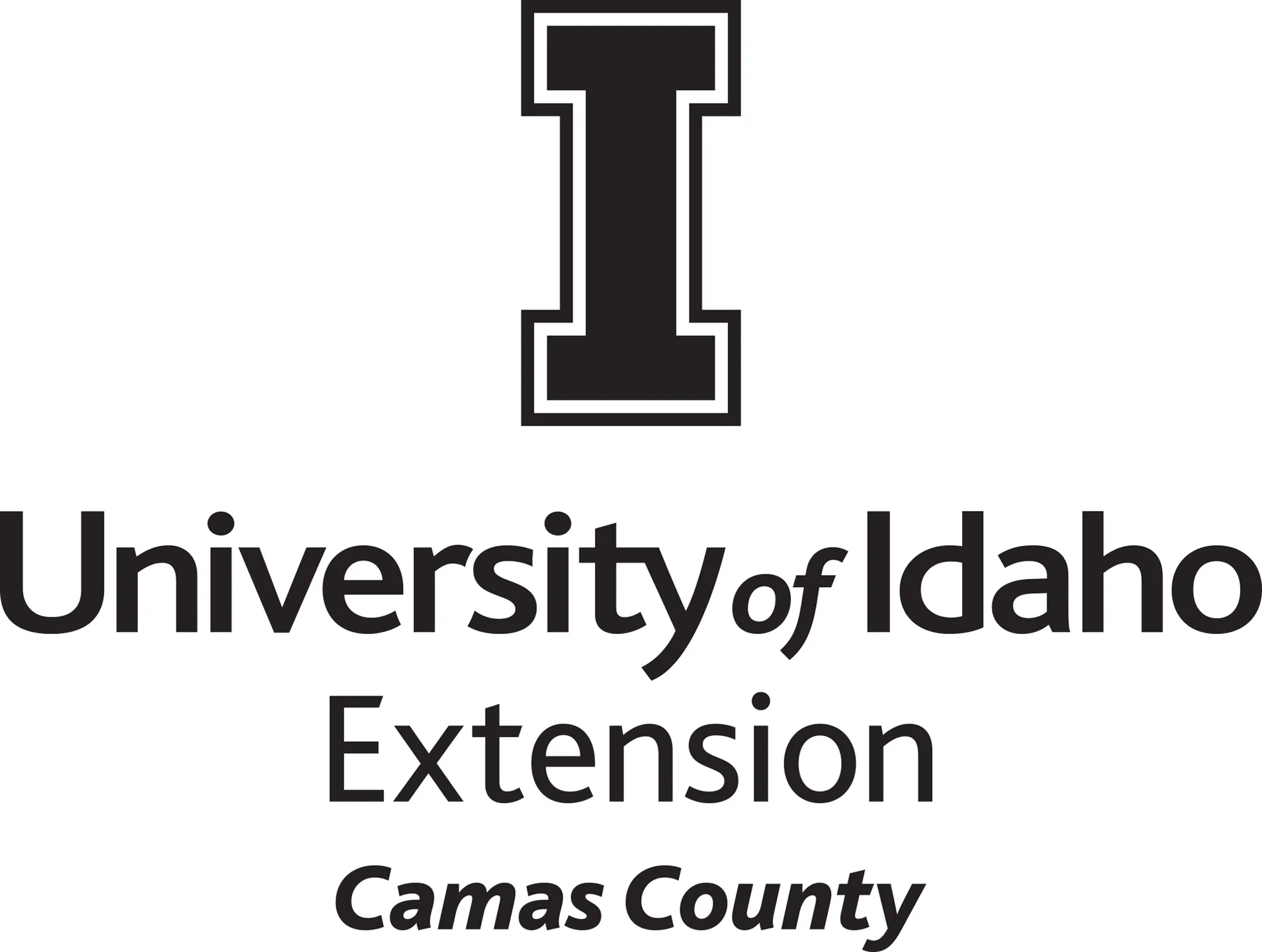 Stacked University of Idaho Extension Camas County logo in all black - JPG file, all black color, RGB mode. Please select original file when downloading. For assistance, email: medialibrary@uidaho.edu