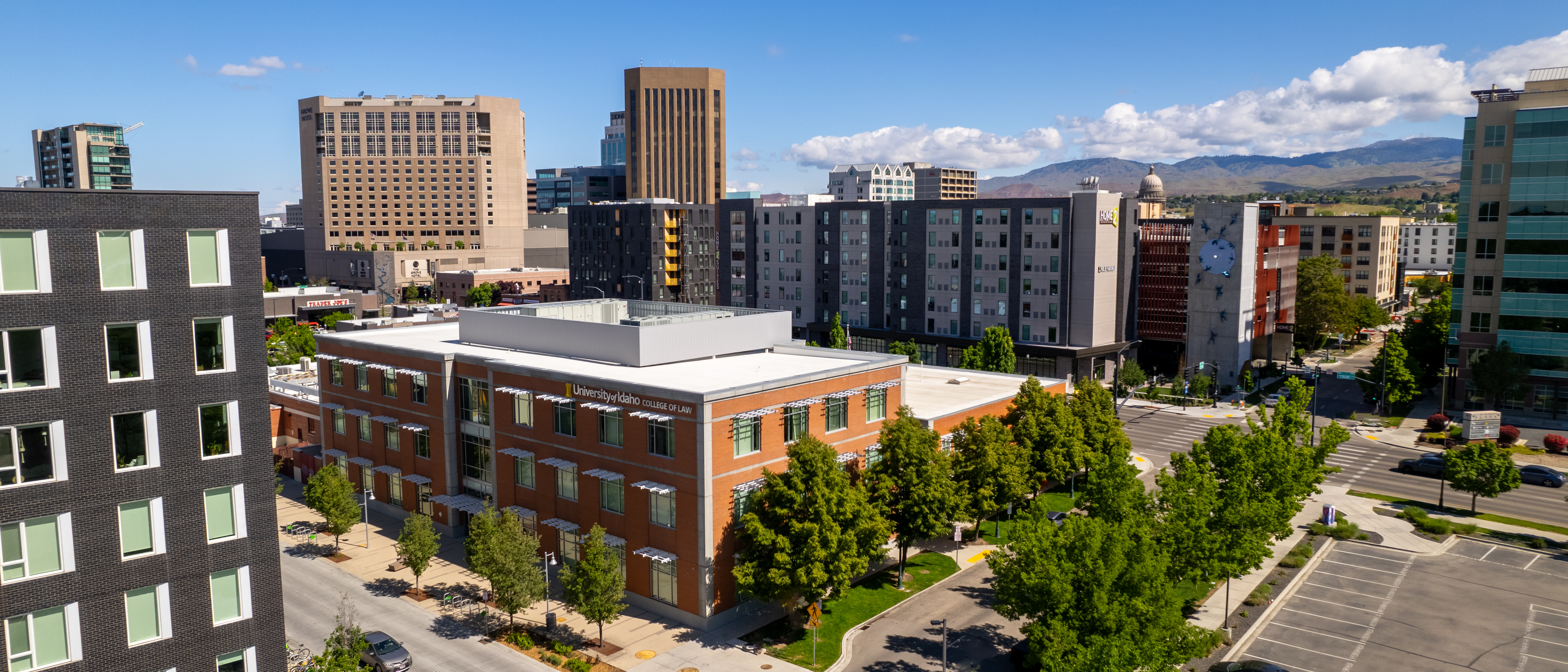 Oblique aeral of the University of Idaho Boise College of Law building in Downtown Boise Idaho.