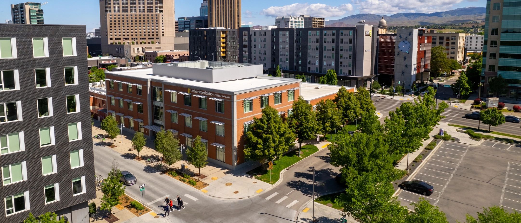 Oblique aeral of the University of Idaho Boise College of Law building in Downtown Boise Idaho.