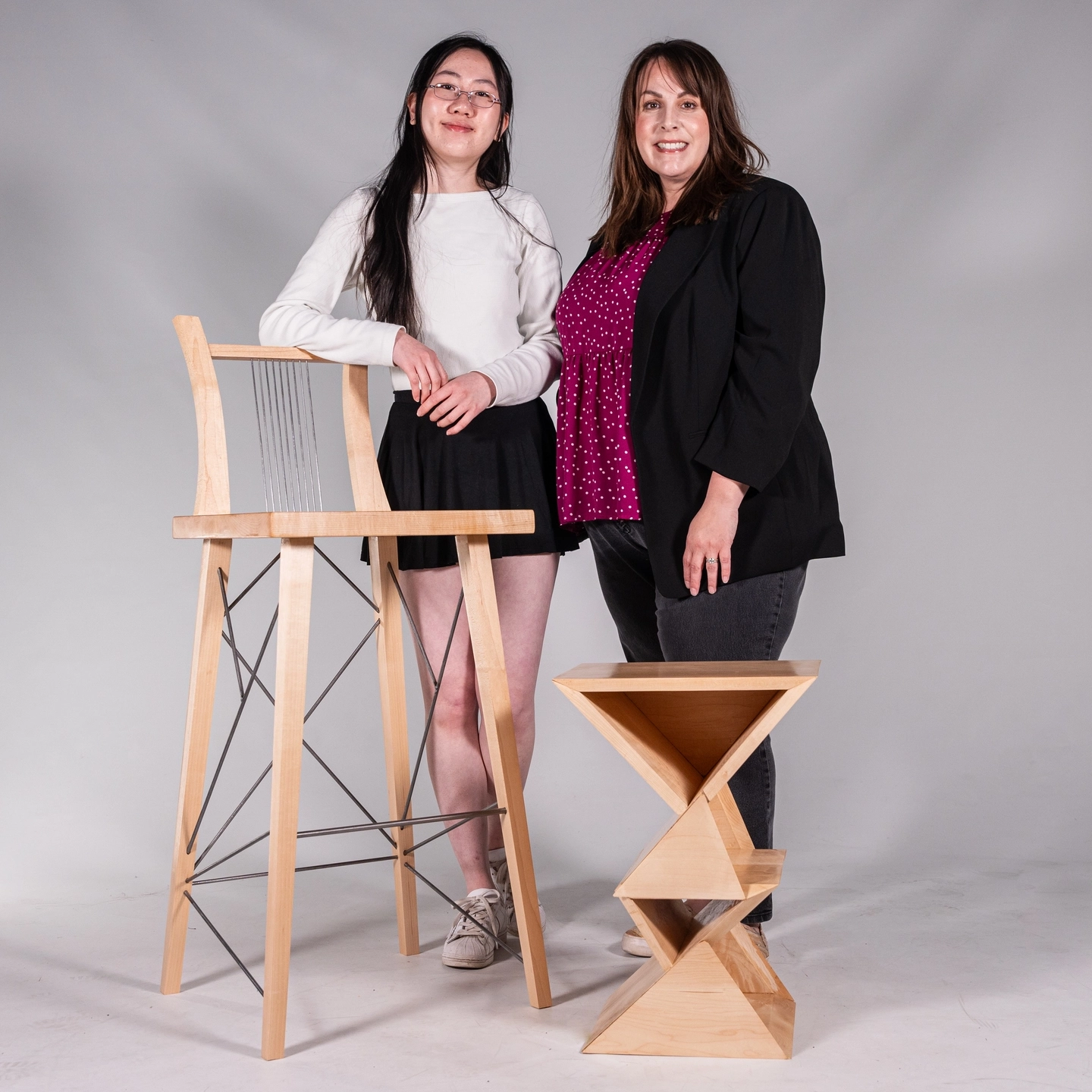 IAD332 (Furniture Design and Construction) cohort students and their final furniture projects are photographed Wednesday, April 23, 2025.