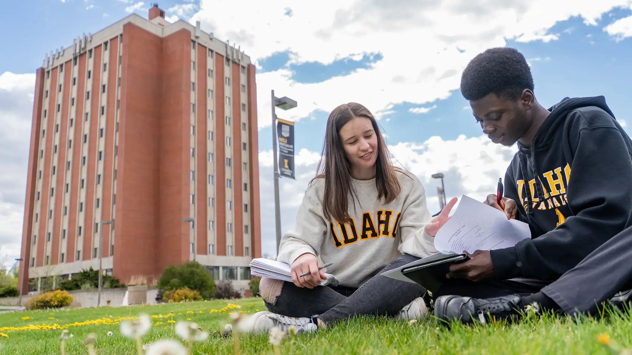 Students study on the lawn outside Theophilus Tower on Monday, May 5, 2025.