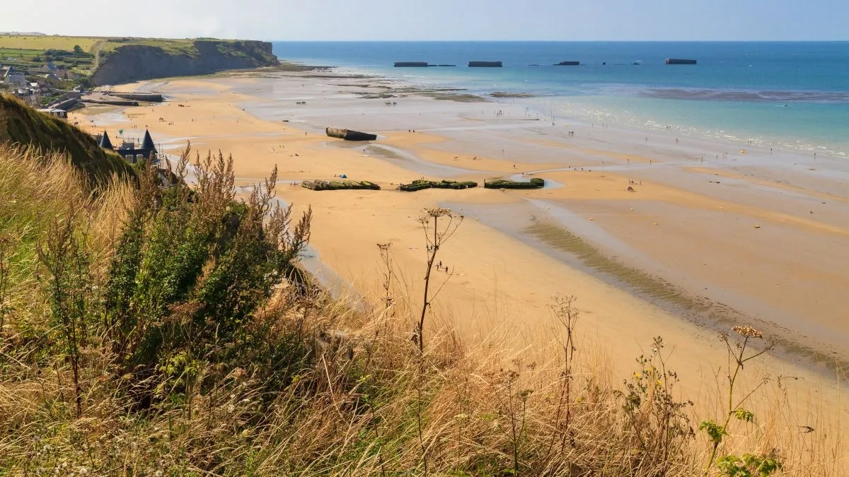 A view of the beaches of Normandy from a cliff above