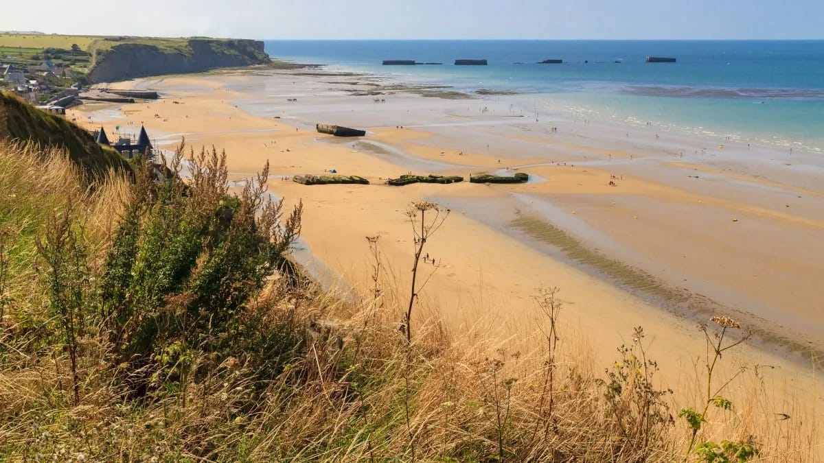 A view of the beaches of Normandy from a cliff above