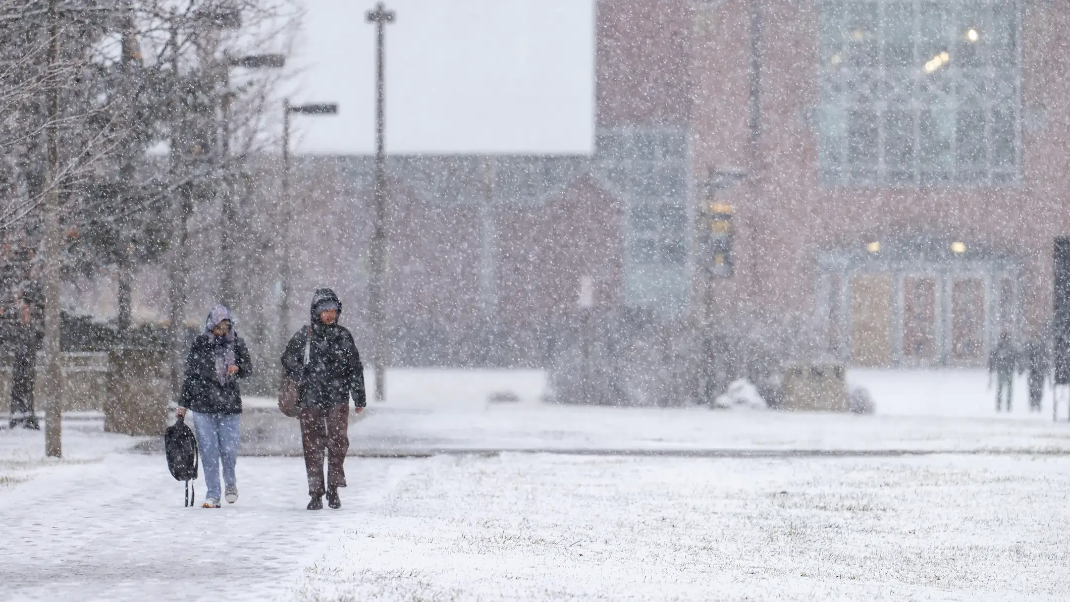 Two people walking through snow on U of I's campus.