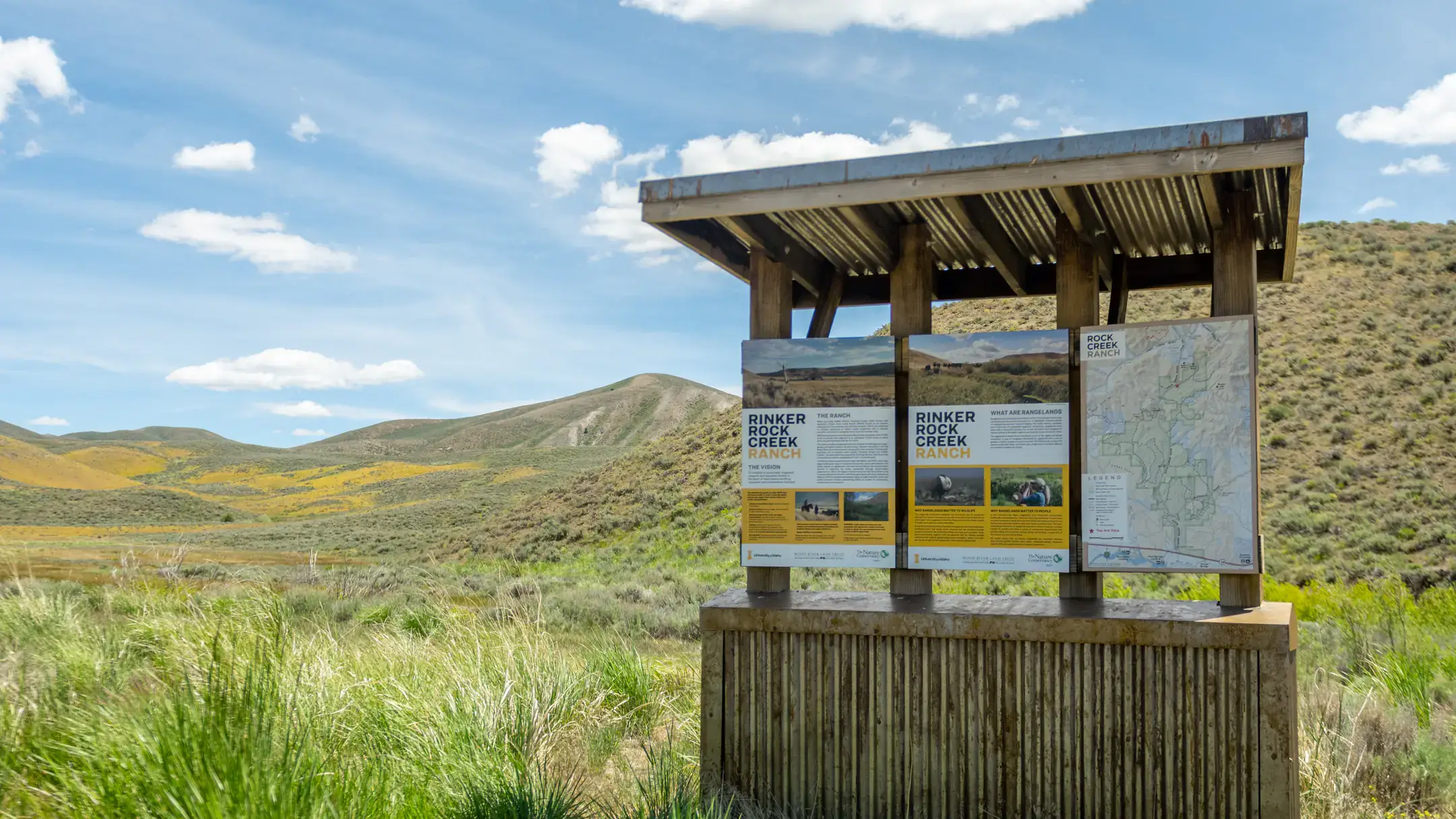 Informational signpost in a hilled grasslands area.