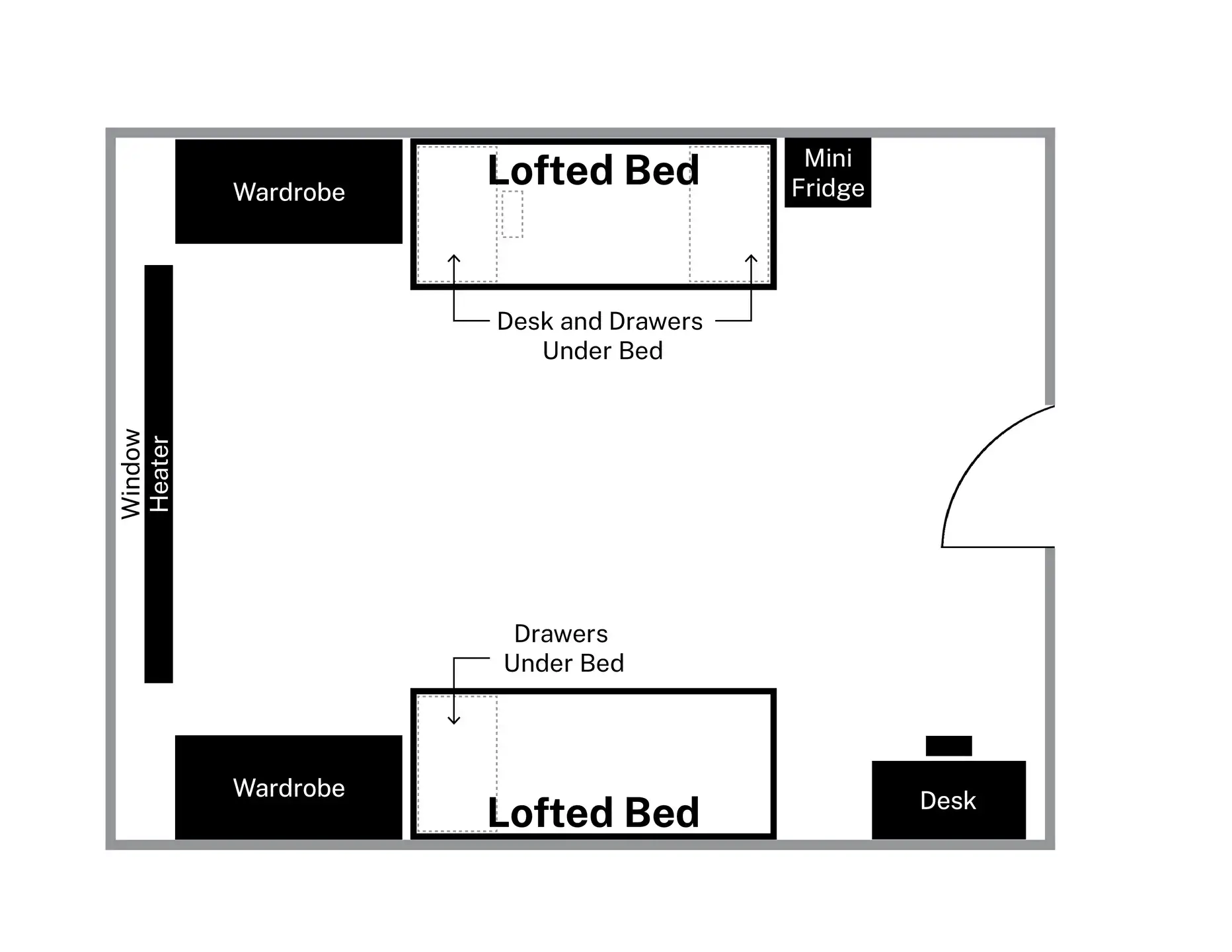 Floor plan of a renovated Tower room, showing two loft beds on opposite walls with adjacent wardrobes; the window and heater on one wall; and the door on the opposite wall.